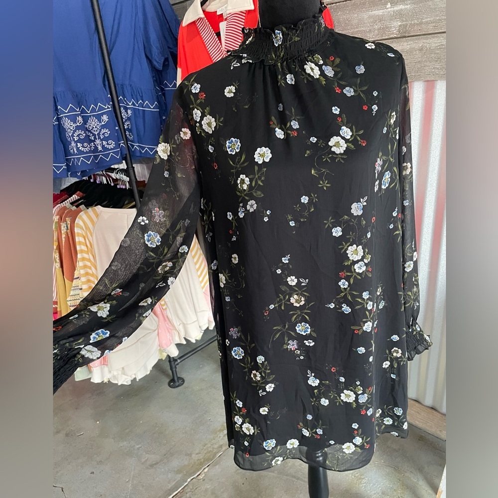 H&M Black Whimsigoth Floral Long Sheer Sleeve Dress Size 10